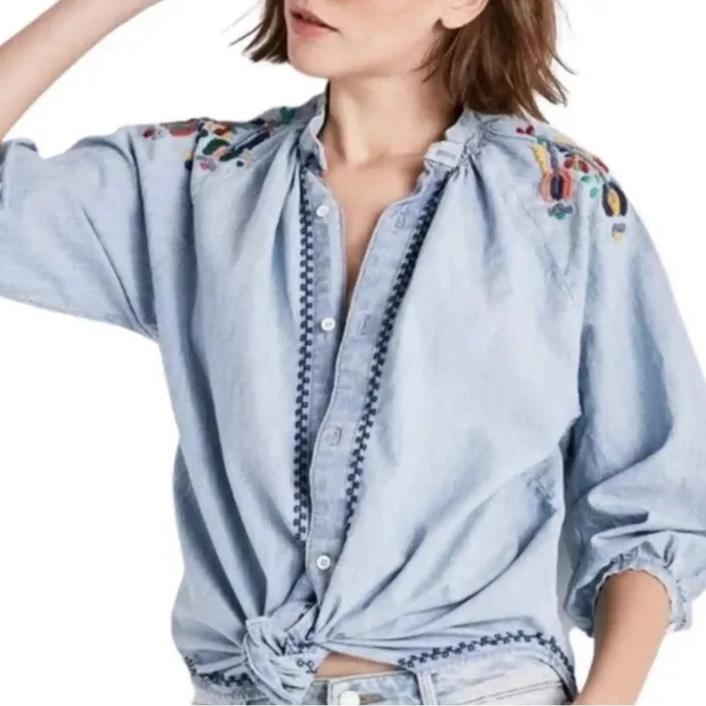 Lucky brand floral embroidered chambray shirt
